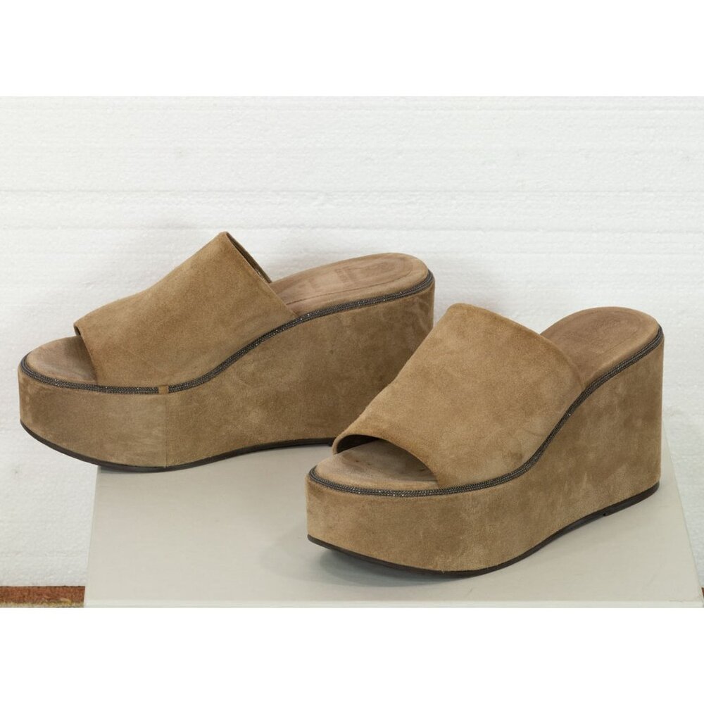 $1100 BRUNELLO CUCINELLI SUEDE PLATFORM SLIDES MONILI LIGHT BROWN
